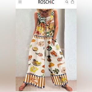 GOOD TIMING LINEN BLEND TROPICAL FRUIT PRINT POCKETED WIDE LEG JUMPSUIT - Medium